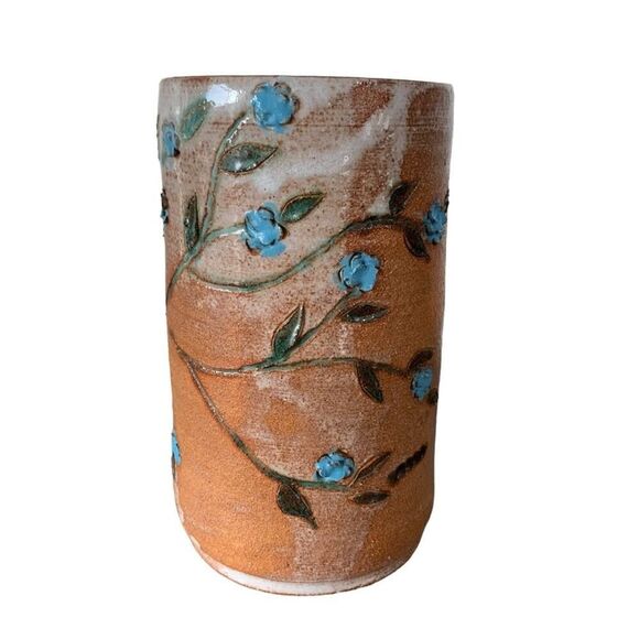 Vintage Schau Pottery Clay Glazed Floral Handmade 3D Vase Terracotta Blue 7”H - Picture 6 of 12